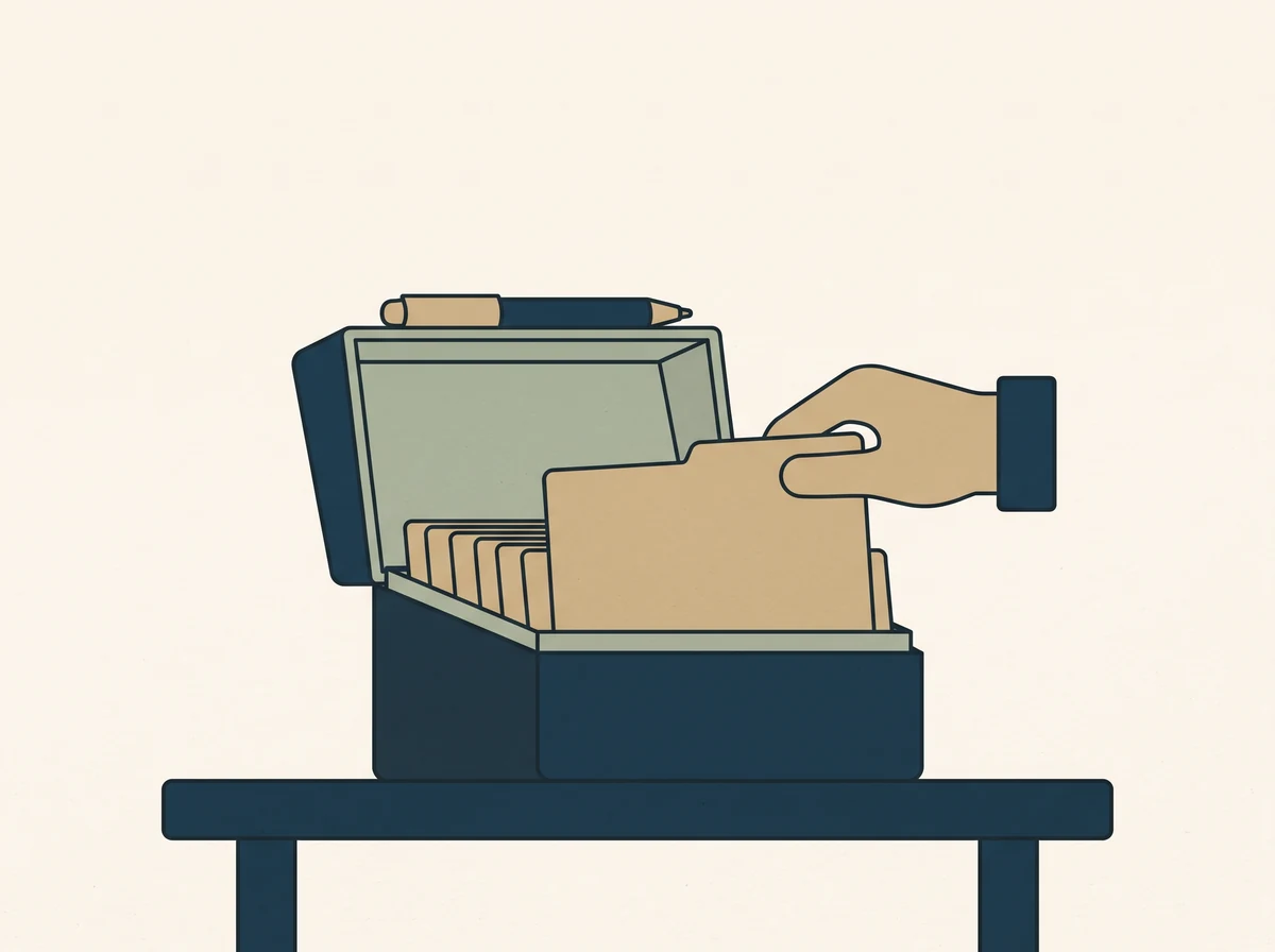 An open index card box with blank cards standing in it, one lifted slightly forward by a hand, a pen resting across the box.