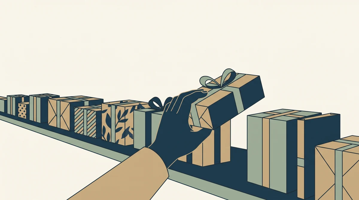 A hand reaching into a row of wrapped gifts on a shelf and lifting one clear of the others.