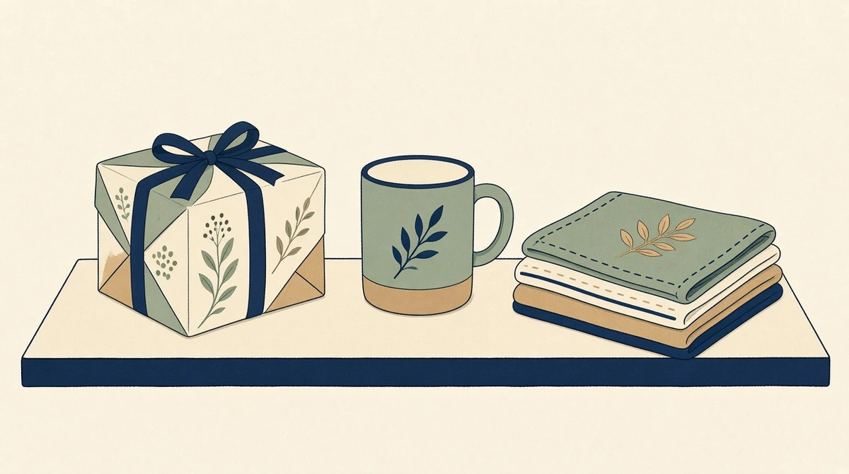 A wrapped parcel, a mug, and a folded cloth set out together like a small curated display.