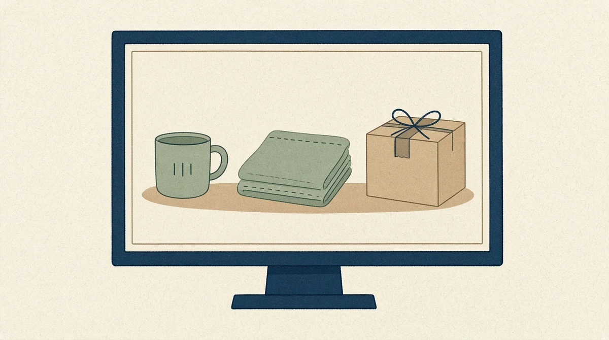 A blank screen showing a mug, a folded cloth, and a parcel, with no letters or logos.