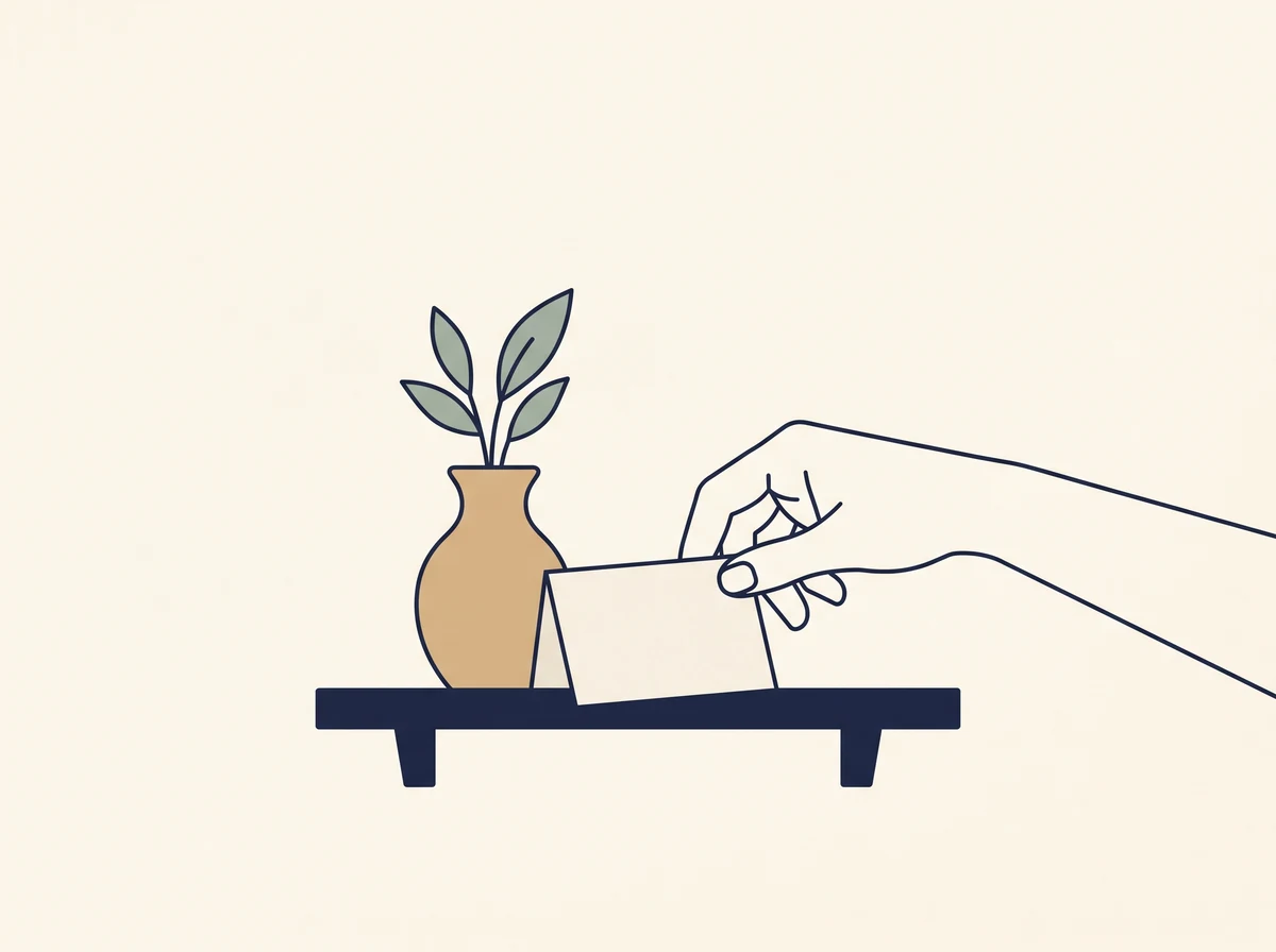 A hand setting a small folded blank note down beside one item on a shelf.
