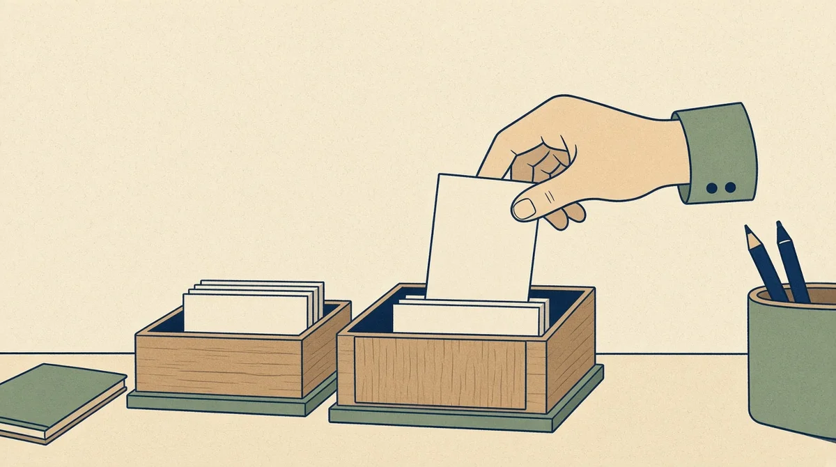 A hand lifting a blank card from a wooden filing tray beside a second tray of cards