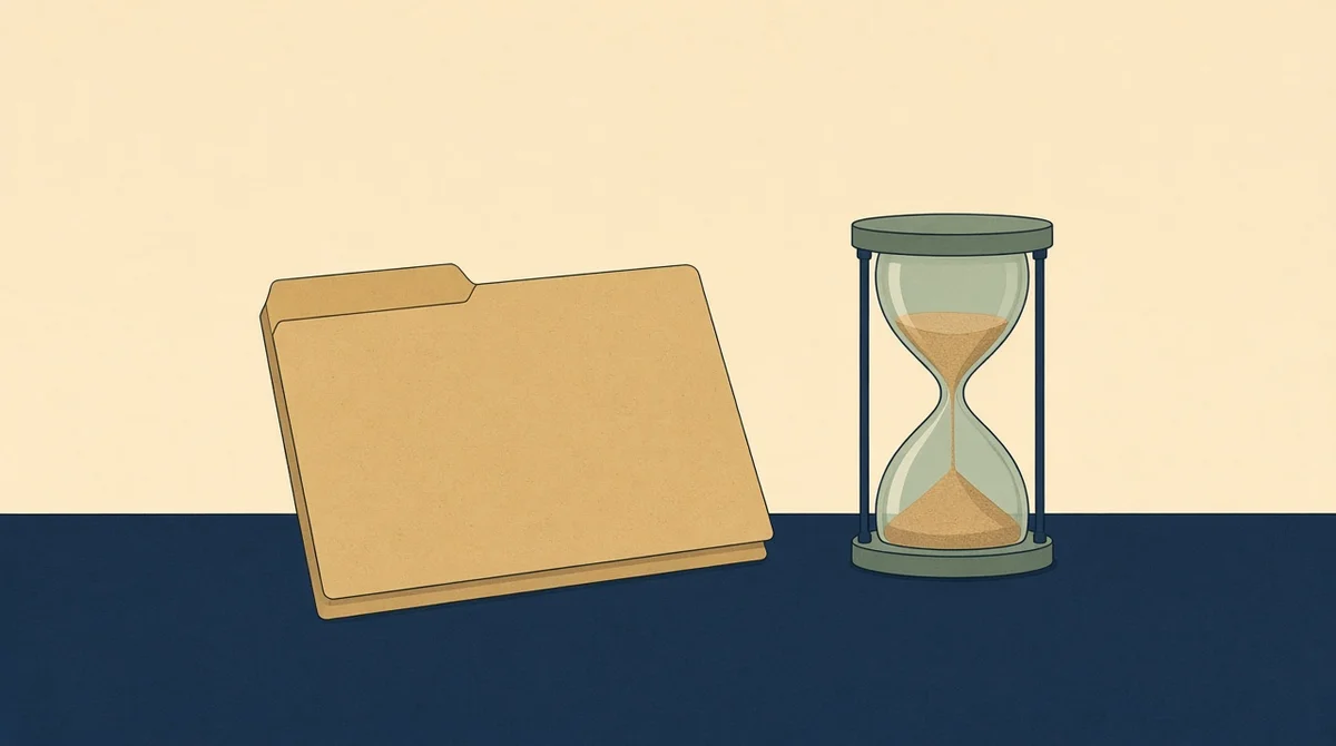 A blank manila folder on a desk beside a half run hourglass