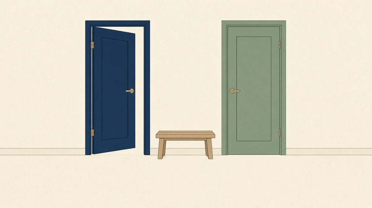 Two plain doors, one ajar and one closed, above an empty bench