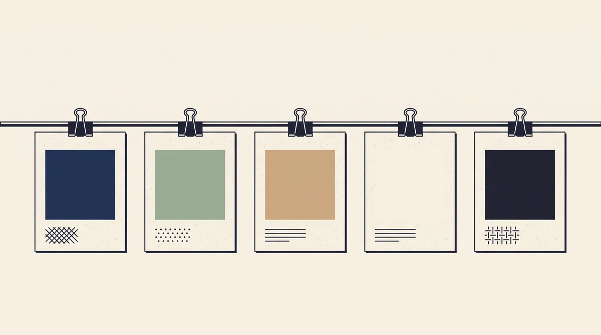 A row of blank swatch cards clipped to a rail, each showing a different plain colour and texture.