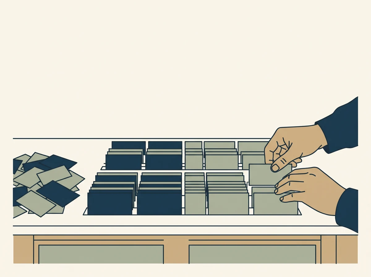 Hands sorting small blank swatch cards into neat rows on a workbench, with a few cards still waiting in a pile.