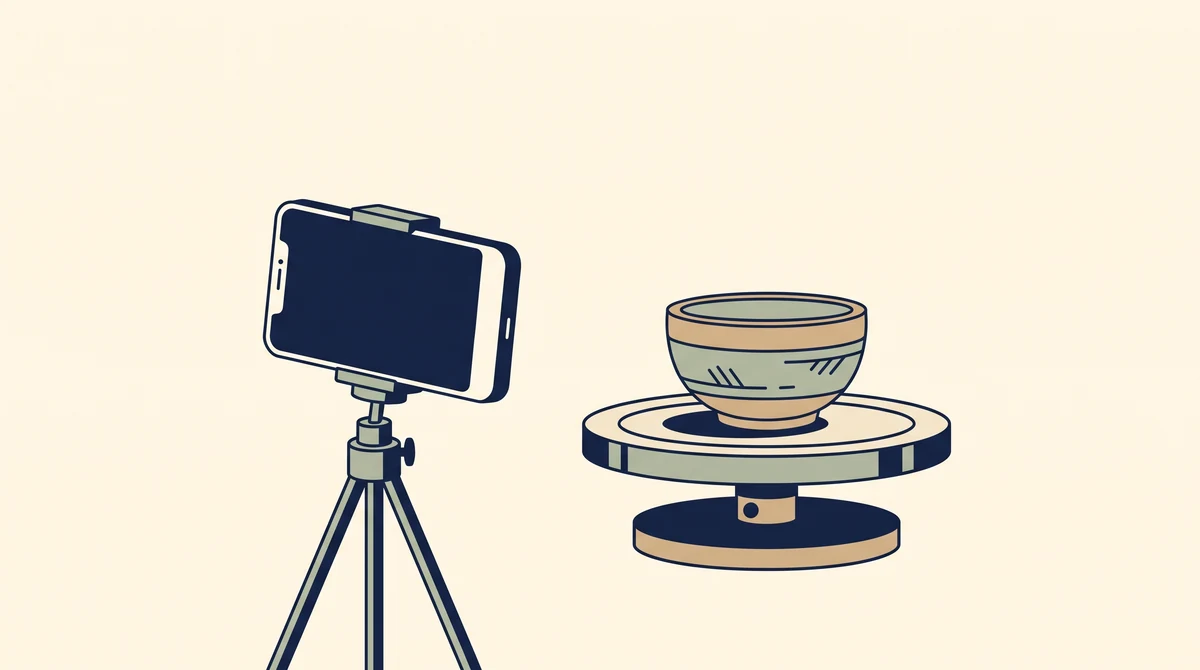 A phone with a blank screen on a small tripod pointed at a handmade bowl sitting on a turntable.