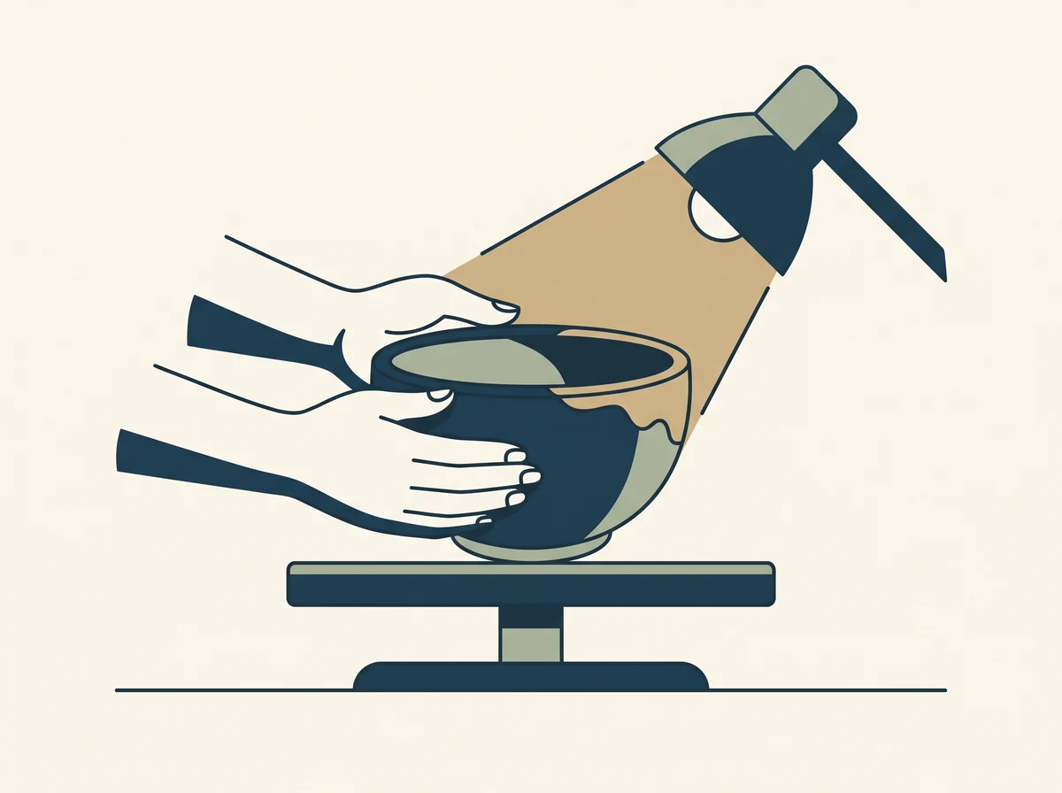 Hands slowly turning a handmade bowl on a turntable under an angled lamp that catches the edge of the glaze.