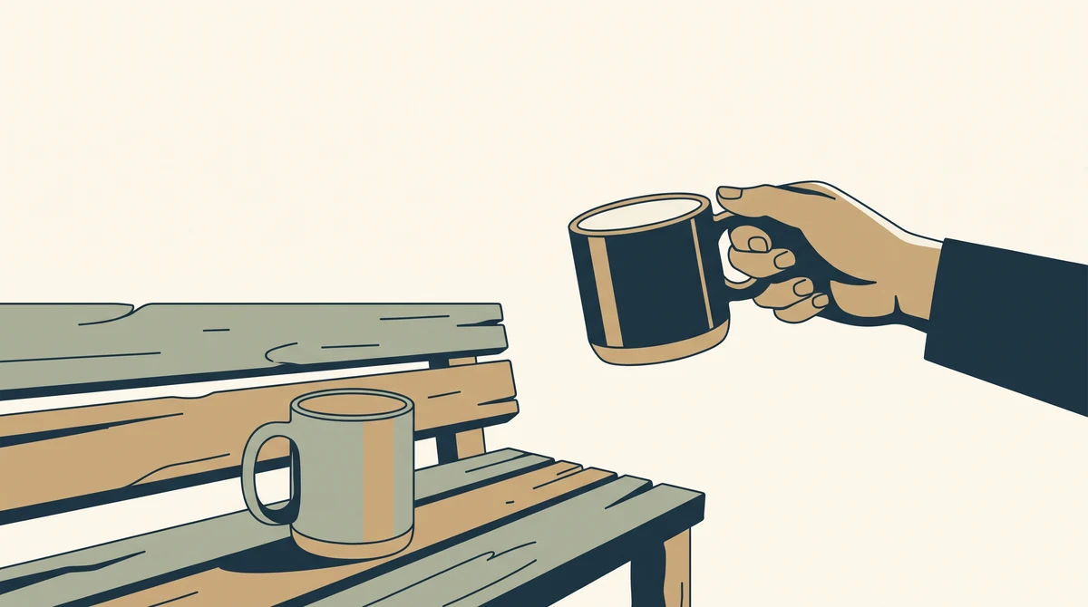 A hand lifting a mug from a bench to eye level so its size against the hand is obvious, with a second mug still on the bench.