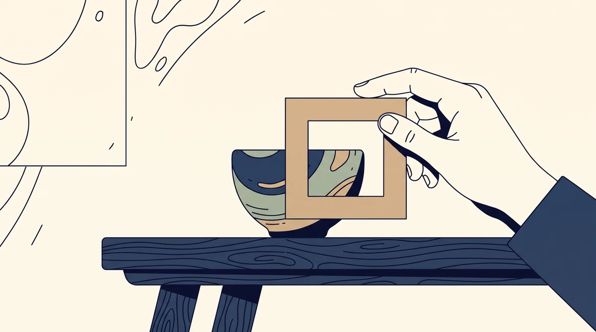 A hand holding a small square cardboard viewfinder over a handmade bowl on a bench, cropping it tightly.