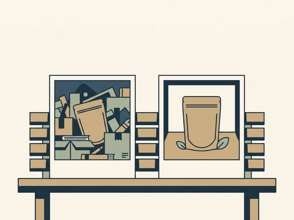 Two small printed photographs side by side, the left showing a product lost among clutter and the right showing the same product filling the frame.