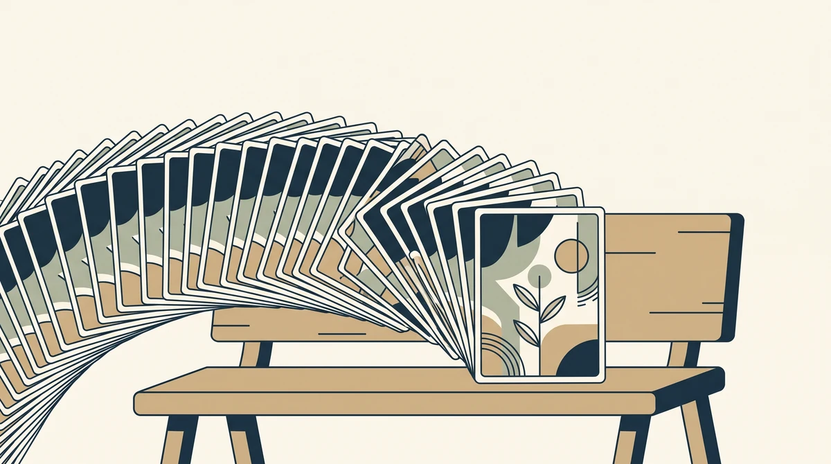 One page card standing upright on a bench with many identical copies fanned out behind it.