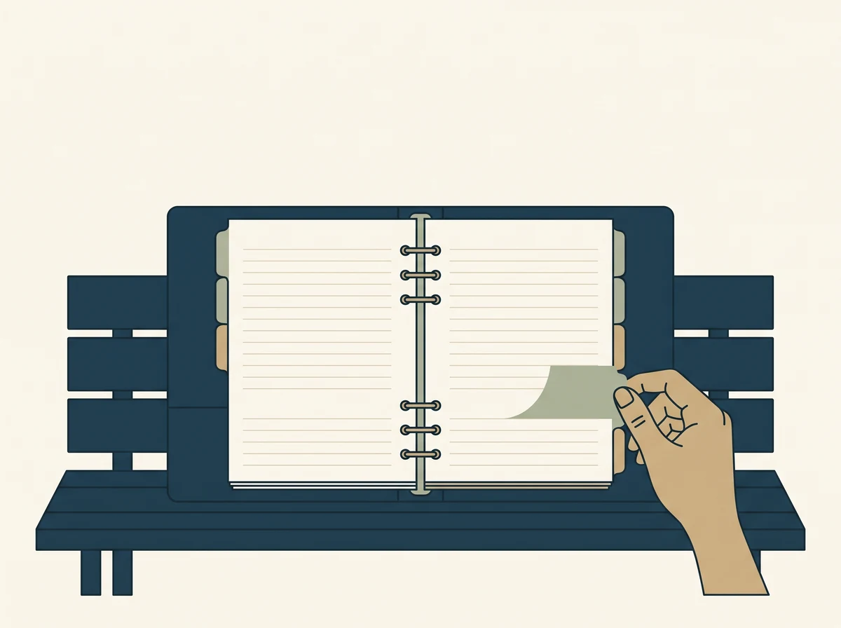 An open ring binder with tabbed dividers and blank ruled pages, a hand turning to one of the tabs.