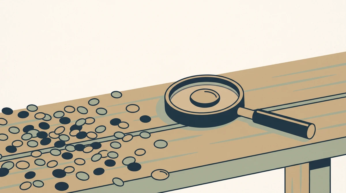 A magnifying glass on a bench held over one small object among a wide scatter of similar objects.