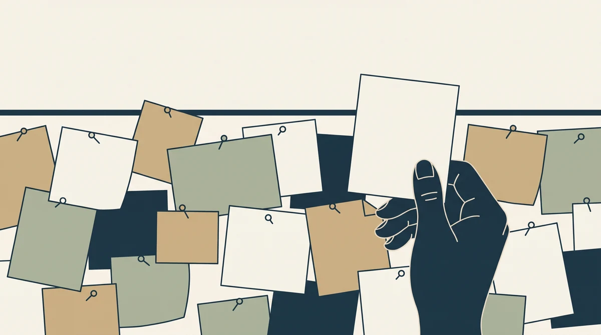 A hand holding one clean blank card in front of a noticeboard thick with overlapping scrappy notes pinned at angles.