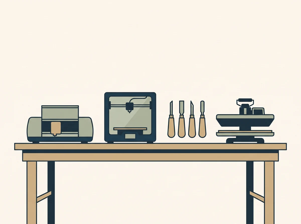 A workshop bench laid out with plain unbranded maker tools: a desktop cutting machine, a compact 3D printer, hand carving tools and a heat press.