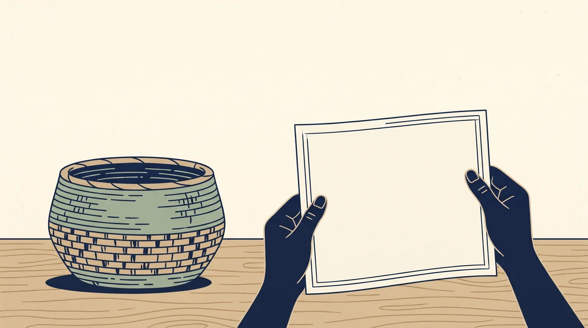 Hands holding a blank printed sheet up beside a finished handmade product on a workbench, comparing the two.
