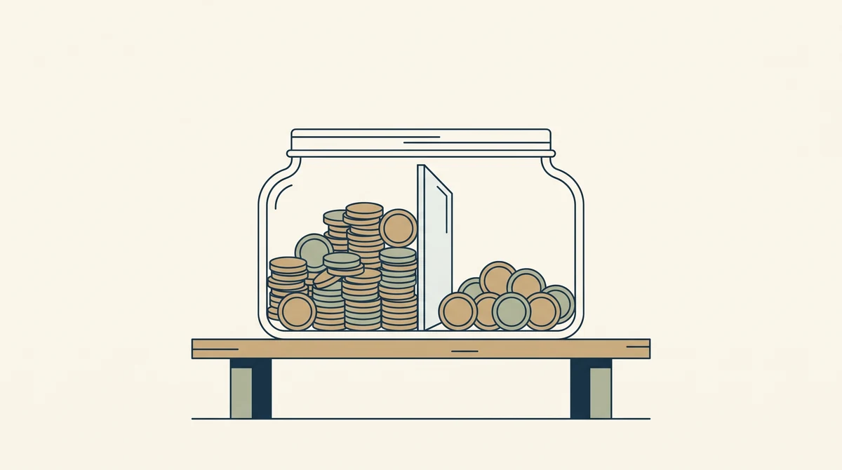 A glass jar of coins divided by a small internal partition, with most coins on one side and a held back portion on the other.