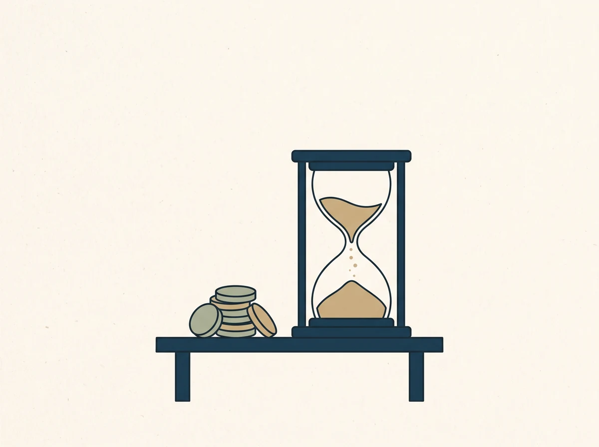 An hourglass on a bench beside a small stack of coins, its sand part way through.