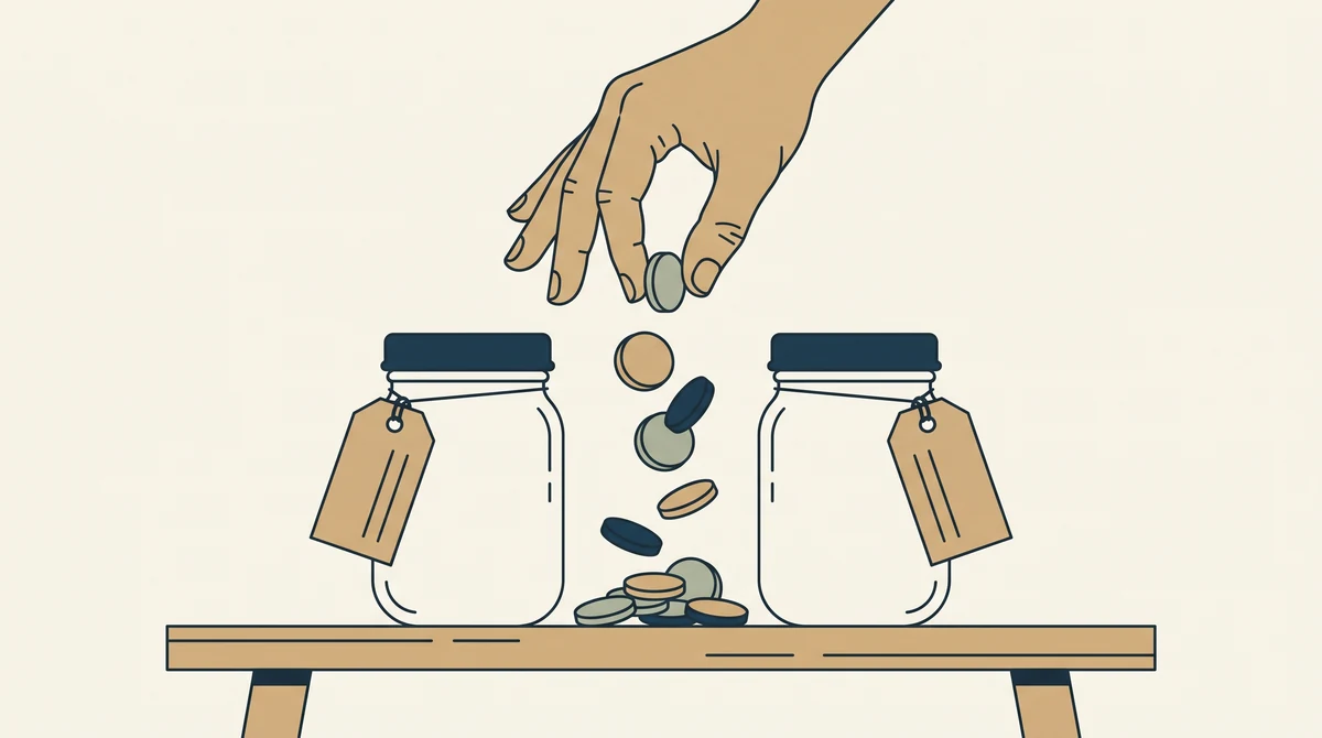 Two jars on a bench with blank paper tags, a hand dividing a pile of coins between them.