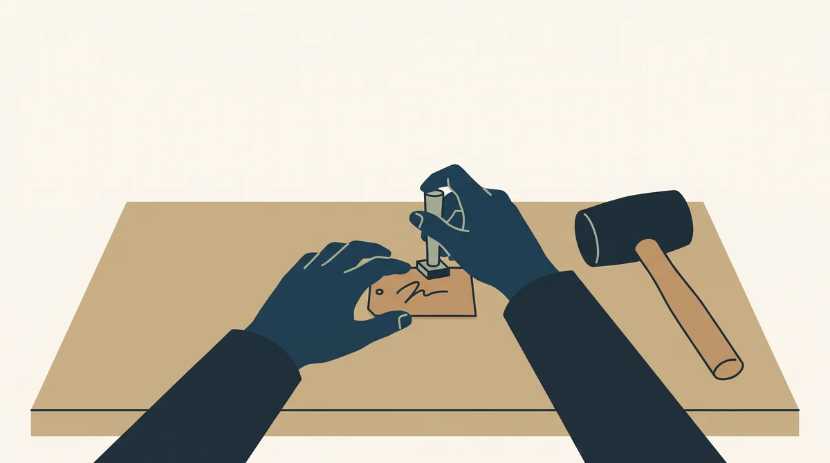 Hands pressing a metal stamp into a leather tag on a bench, with a mallet resting beside them.