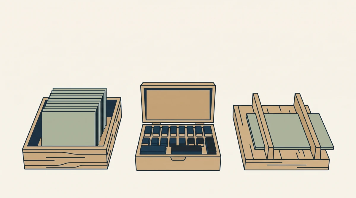 A bench set up for custom work: a tray of identical blanks, a stamp set in an open case and a wooden alignment jig.