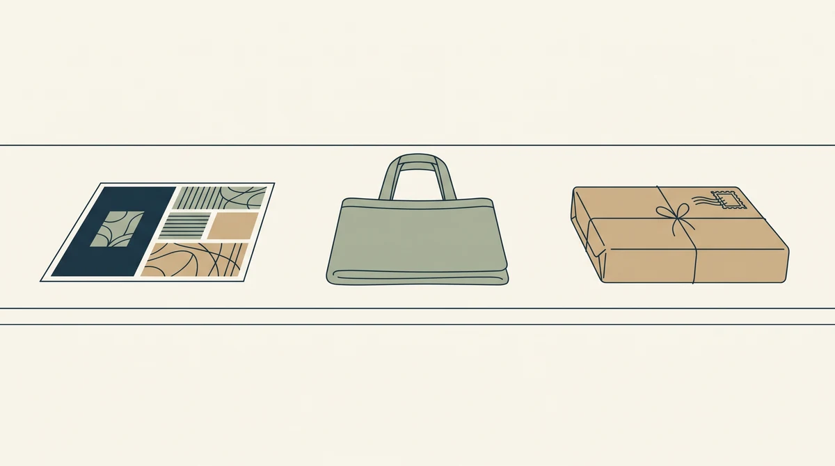 Three stages laid out on a workbench: a printed design sheet, a plain folded tote bag, and a wrapped parcel ready to post.
