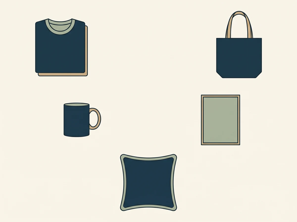 A grid of plain blank products from above: a tote bag, a mug, a folded t shirt, a poster sheet and a cushion cover.