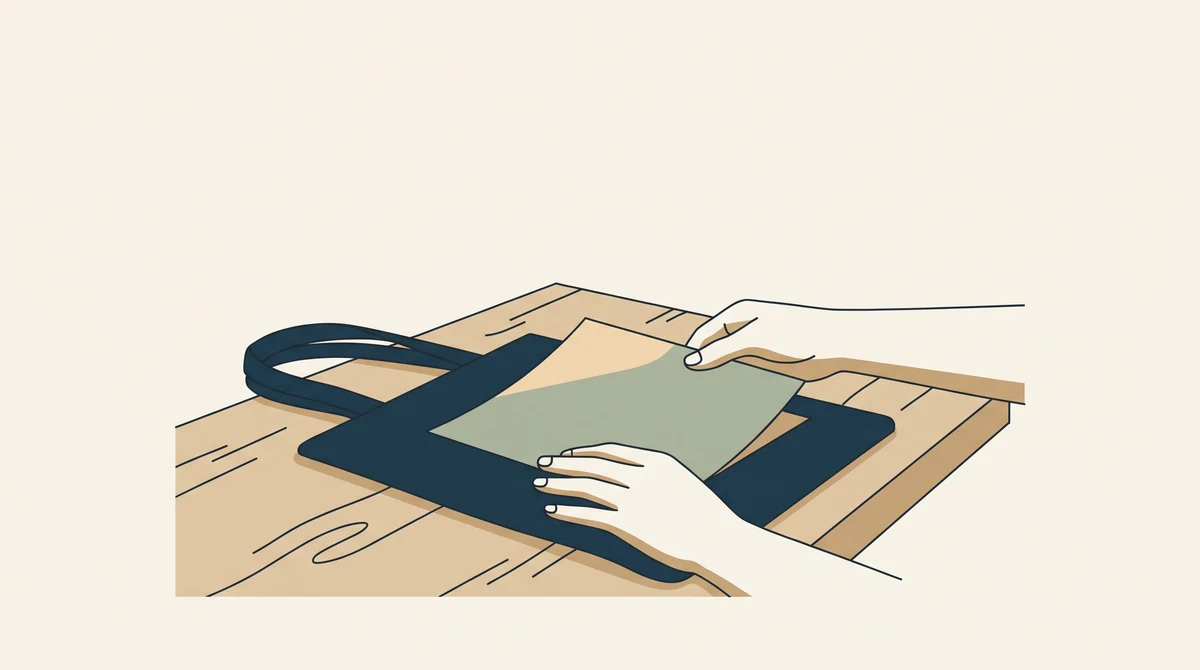 Hands laying a printed design sheet over a plain tote bag on a workbench, lining it up carefully.