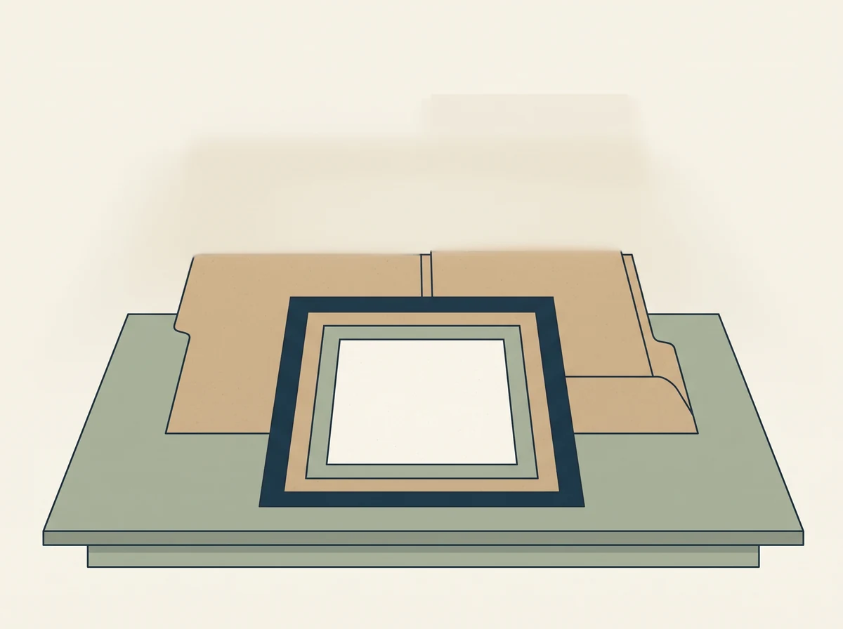 Four blank printed sheets in four different sizes stacked neatly from largest at the back to smallest at the front, with an open paper folder behind them.