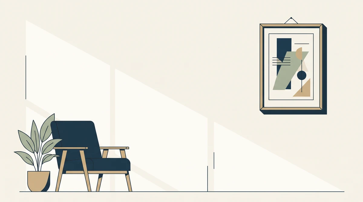 A framed abstract print hanging in a room corner above a chair, with a potted plant beside it and daylight across the wall.