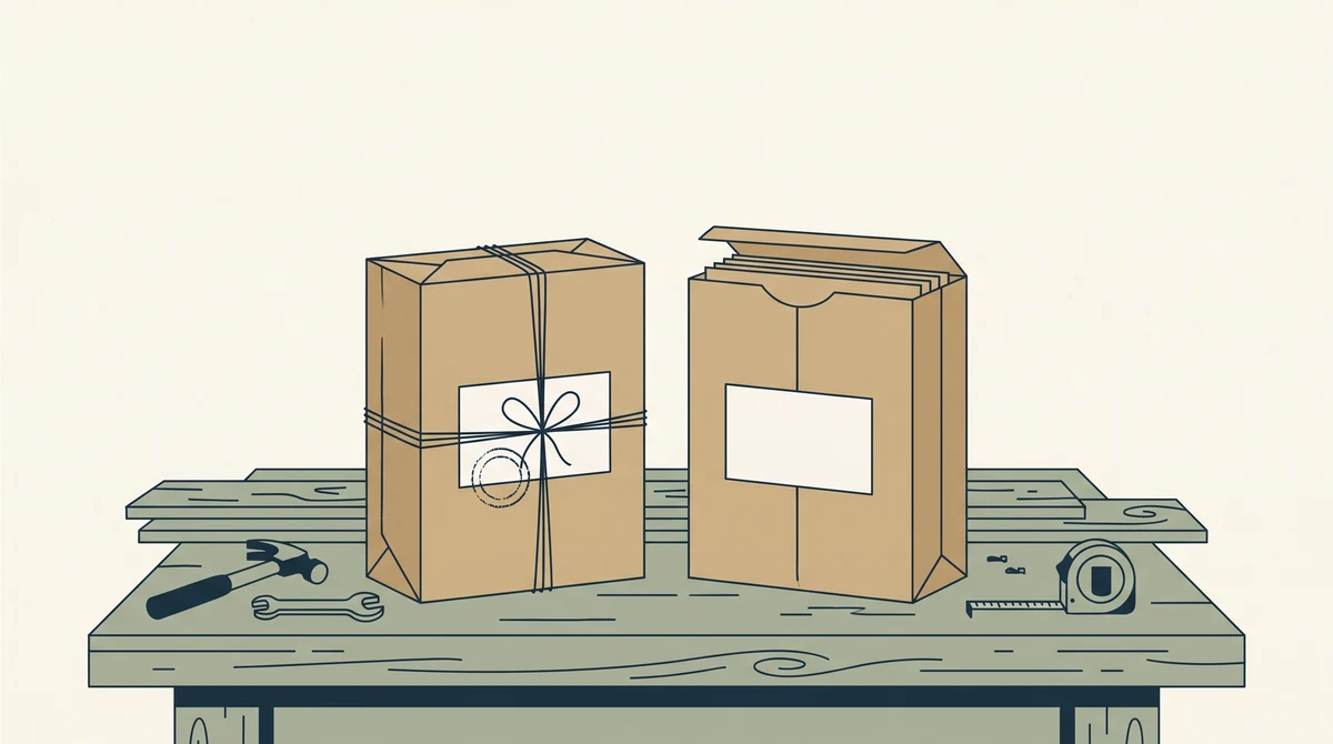 Two wrapped parcels on a workbench with blank labels addressed to the same place, one stamped and one still open.