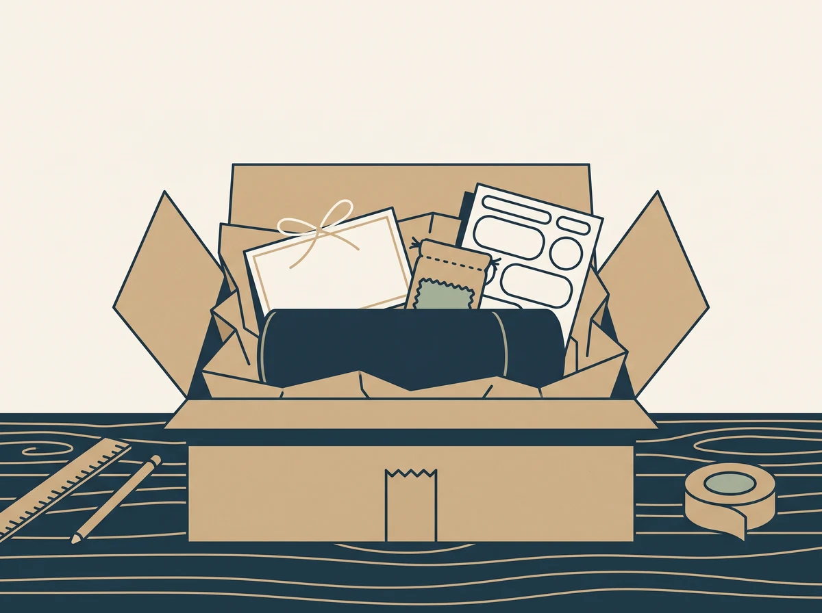 An open parcel with a small blank note card, a tiny sample pouch and a sheet of plain stickers tucked in beside the item.
