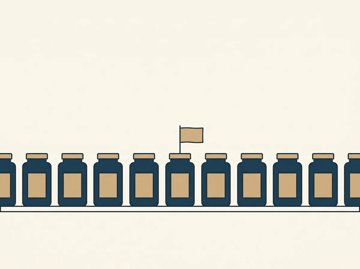 A shelf of identical plain items with one carrying a small blank paper flag on a pin, the rest unmarked.