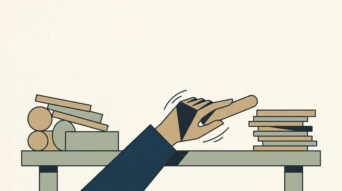 Hands moving one item at a time from a waiting pile to a finished pile across a workbench.