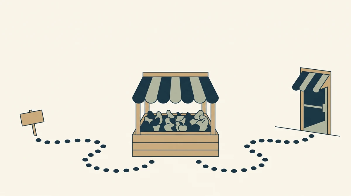 One market stall with two dotted paths arriving at it, one starting at a hand held sign and the other at a shop doorway.