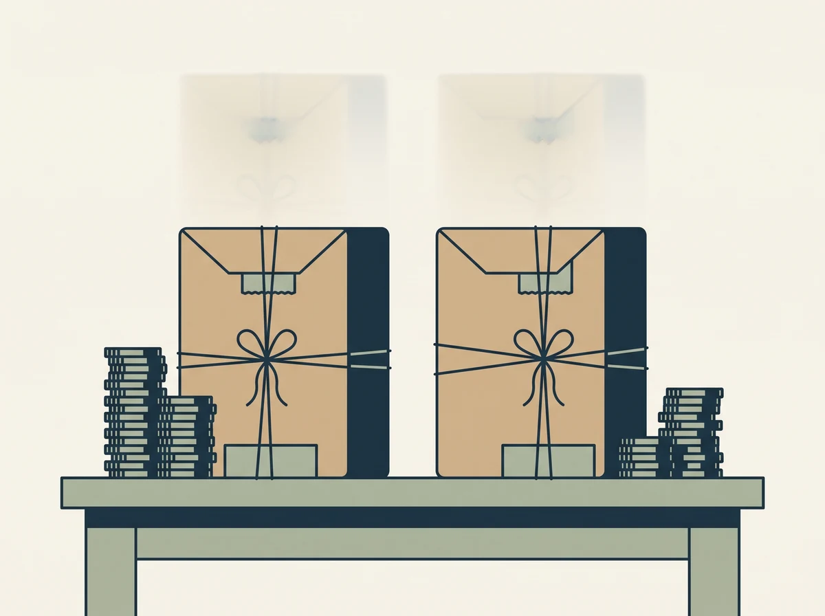 Two identical wrapped parcels side by side, each with a small stack of coins beside it, the stacks clearly different heights.