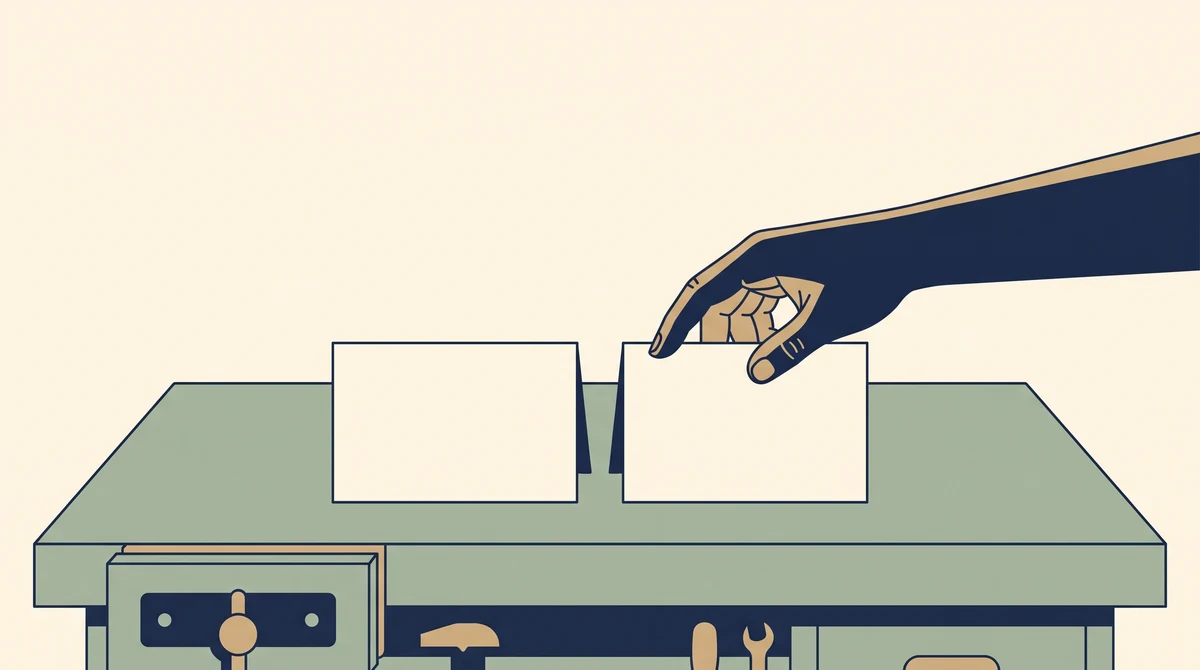 A hand hovering over two blank cards laid side by side on a workbench, about to pick one up.