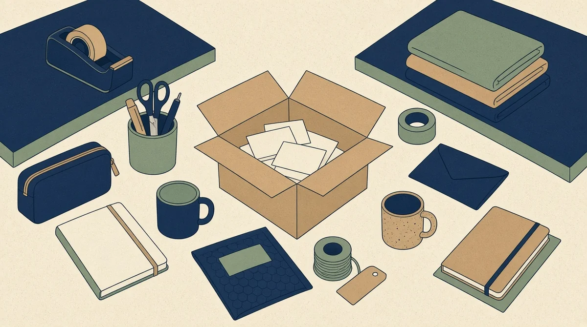 Flat illustration of a shared packing desk with two blank notebooks, two mugs, and one open shipping box.