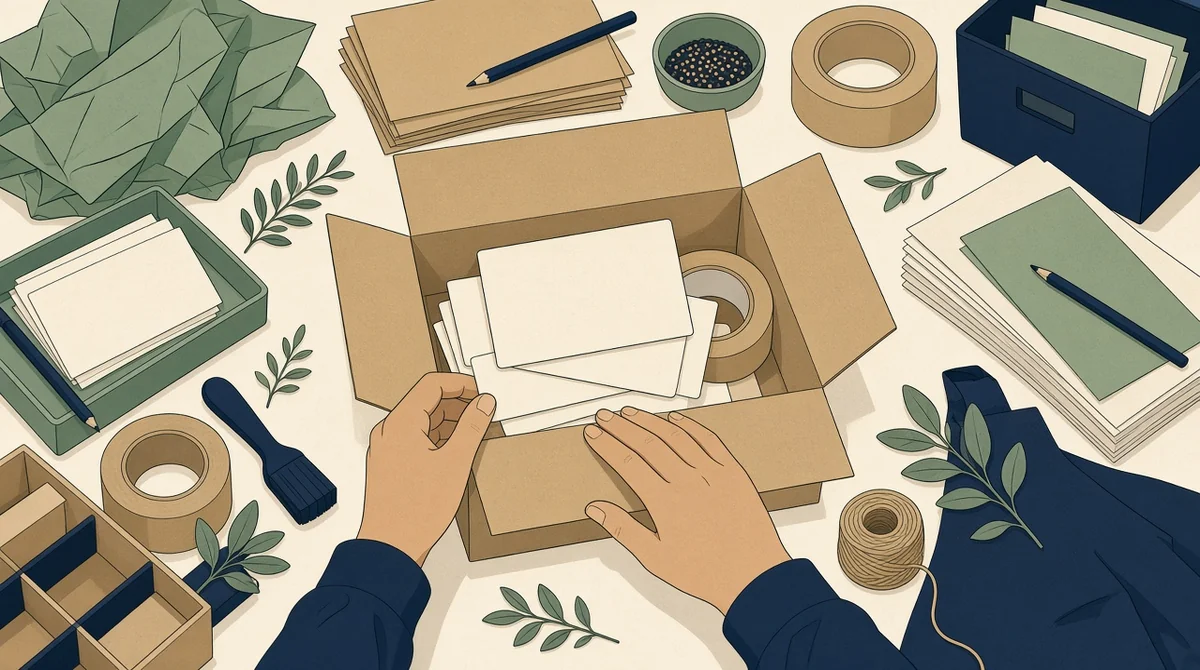 Flat illustration of hands packing a cardboard box with blank order slips and kraft tape.
