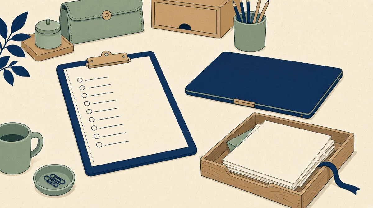 Flat illustration of a blank checklist clipboard, closed laptop, and wooden paper tray on a cream desk.