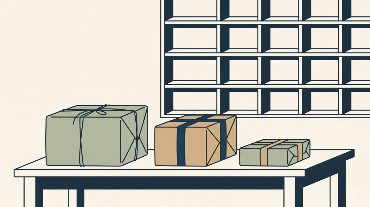 A packing bench with three parcels of different sizes lined up, and a rack of empty pigeonholes on the wall behind.