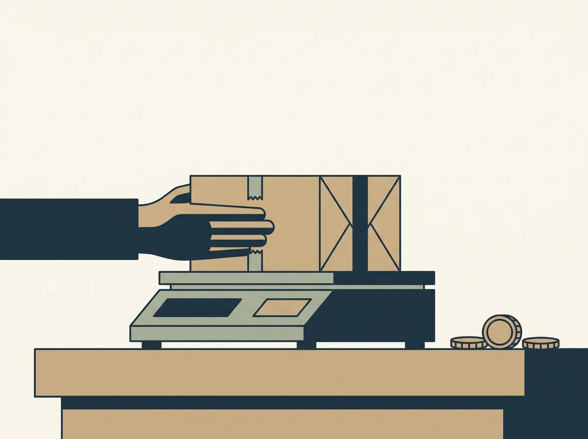 A parcel on a flat postal scale with a hand steadying it, and a few coins resting on the bench beside it.