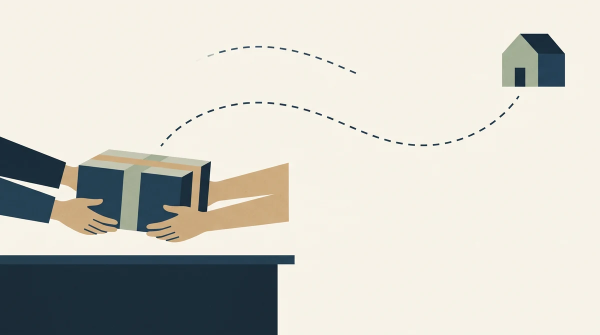 A parcel handed across a counter with a dotted line arcing away from it to a small house shape.