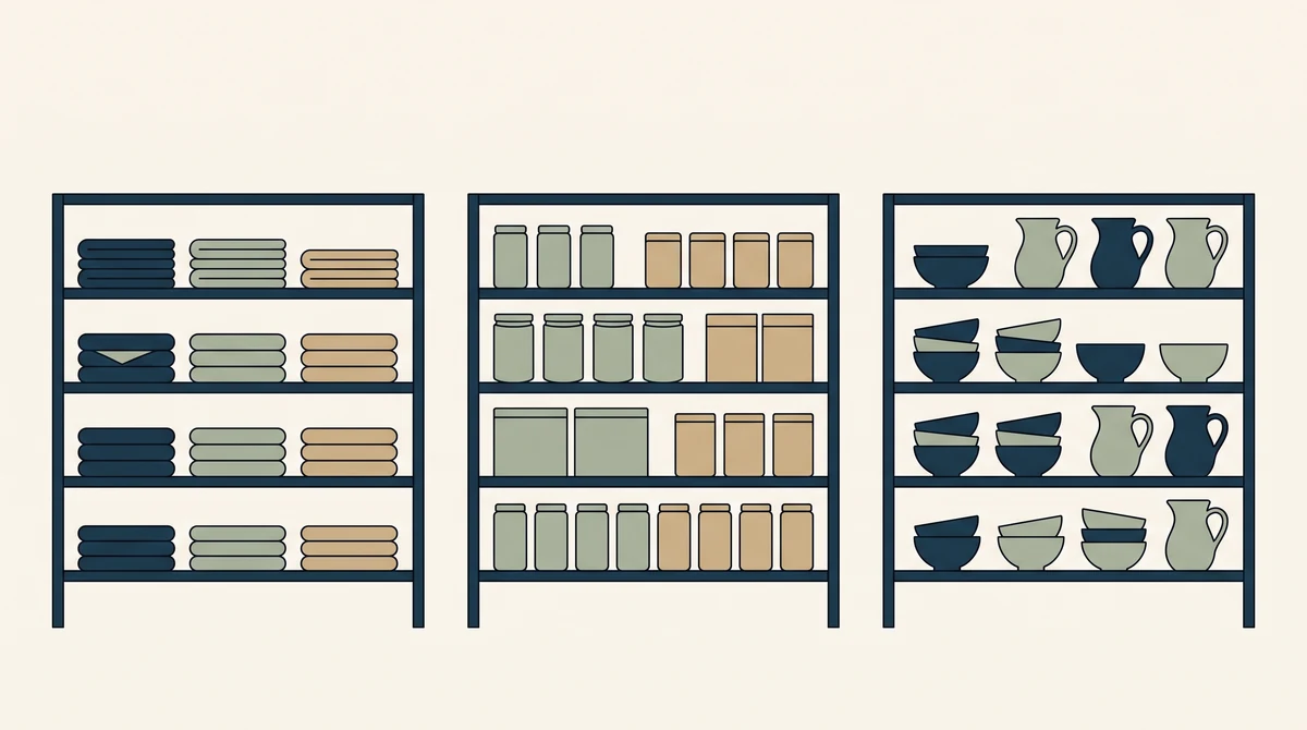 A shop wall of shelving divided into three separate bays, each holding one kind of goods.