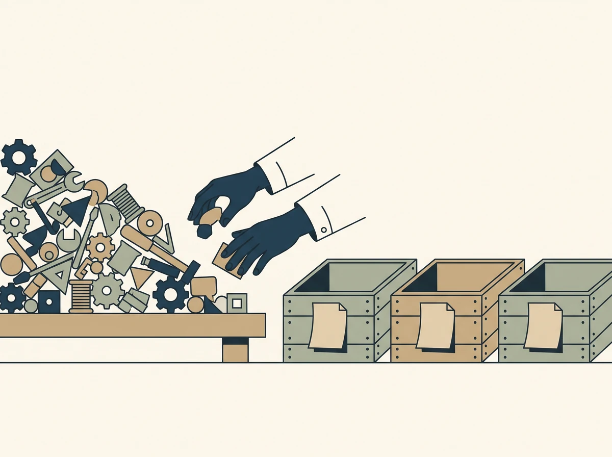 Hands sorting a jumble of mixed small goods on a workbench into three open crates, each with a blank paper label.