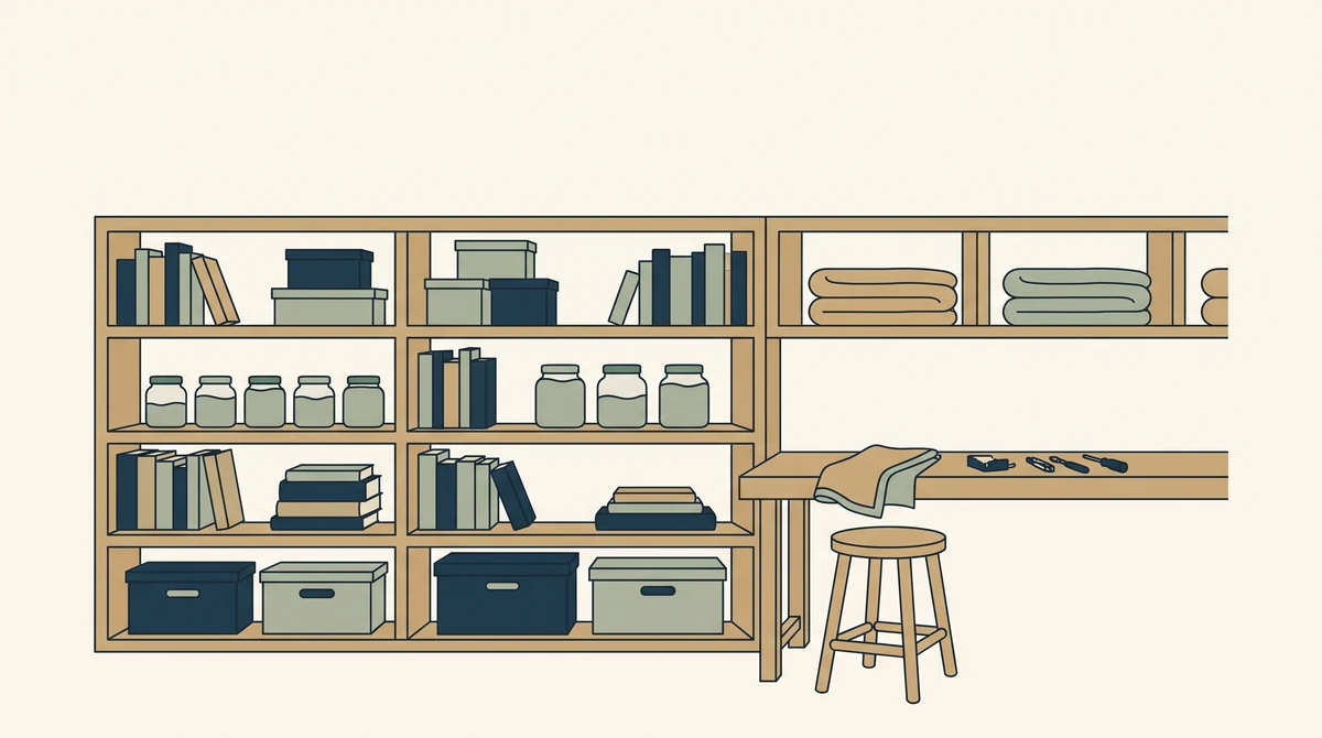 A finished run of shelving with everything regrouped into tidy zones, a stool pushed back and a folded cloth on the workbench.