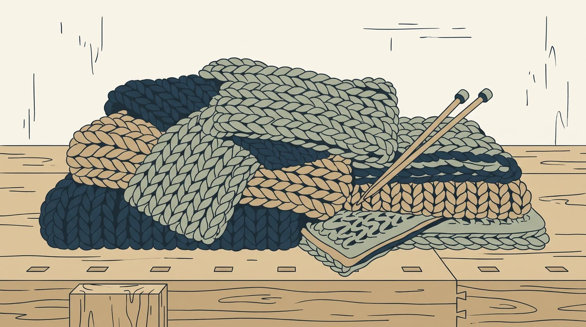 A soft pile of chunky knitted and crocheted textiles folded on a workbench, with wooden needles resting on top.