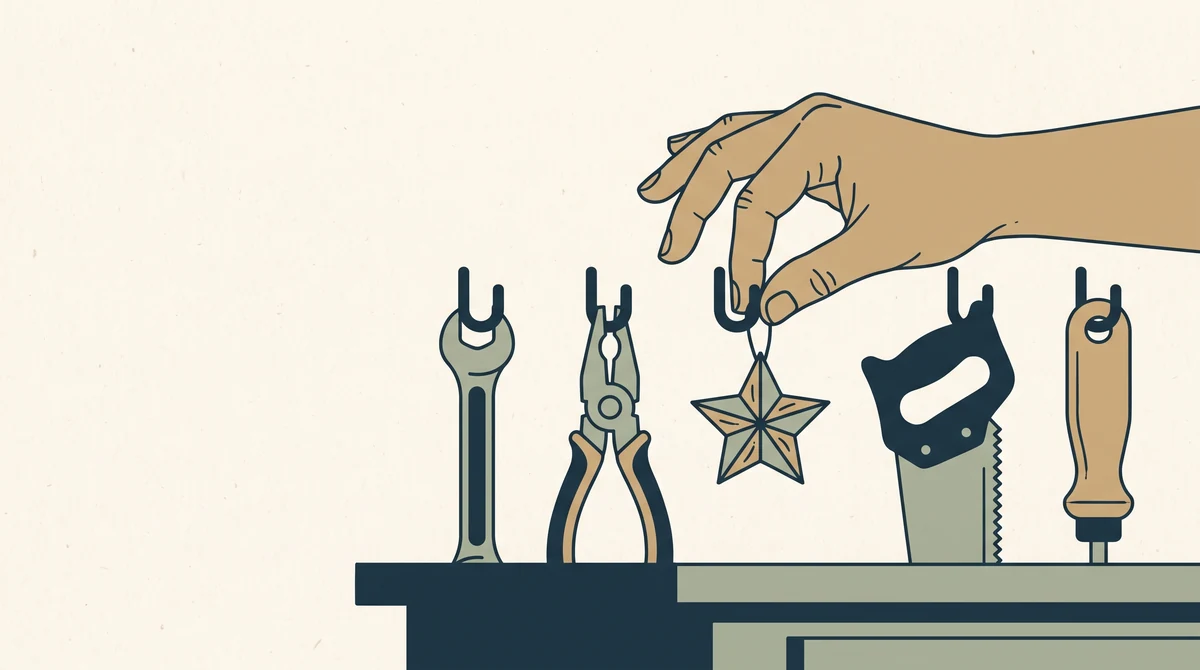 A hand hanging a small carved wooden star on a hook above a tidy workbench.