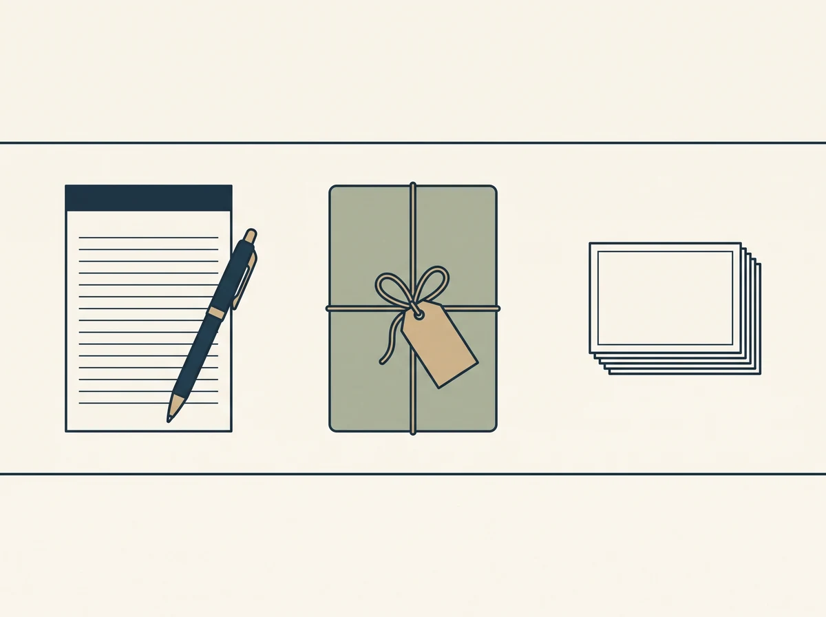 A workbench with three tidy stations: a message pad and pen, a wrapped parcel ready to ship, and a stack of blank thank you cards.